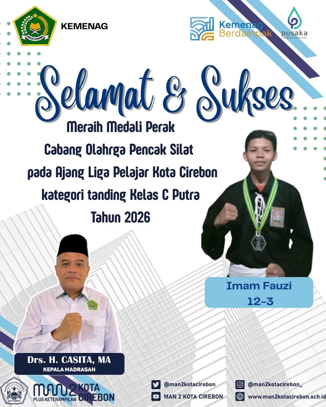 Meraih medali perak cabang olahraga pencak silat kategori tanding Kelas C Putra dalam Ajang Liga Pelajar